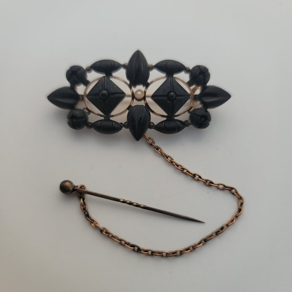 Antique Victorian Gold Filled, Jet & Seed Pearl Mourning Pin/Brooch